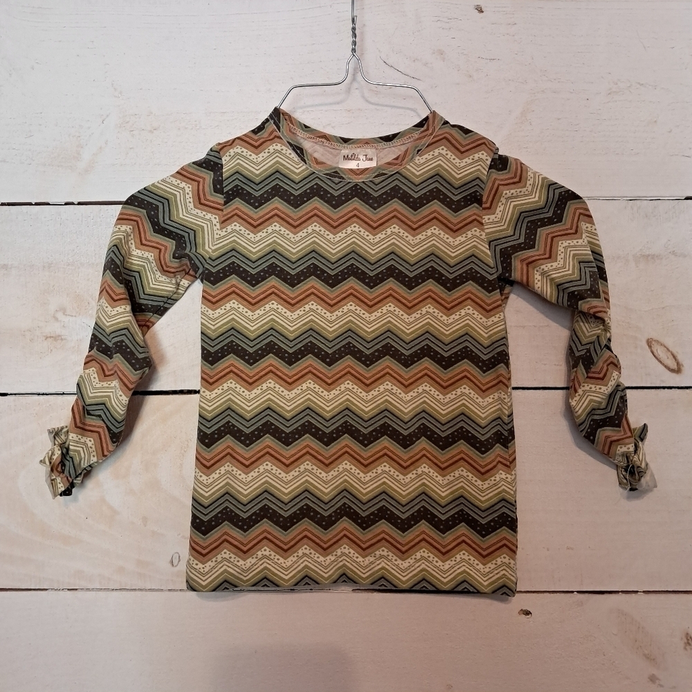 Matilda Jane Field Trip Alex Green Blue Long Sleeve Chevron Ruched Sleeve Size 4